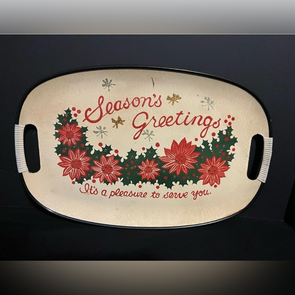 Christmas Seasons Greetings Tray, 12x18in Vintage MCM